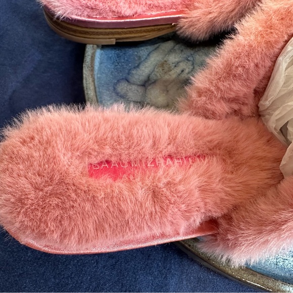 ISAAC MIRAHI Pink SATEEN Mules Sz 8 FAUX FUR & RHINESTONES - Picture 3 of 13